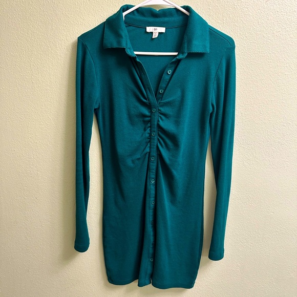 bp Dresses & Skirts - BP Green Button Front Ruched Long Sleeve Mini Dress Size Small